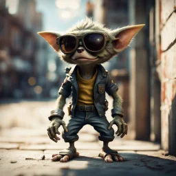 cool gremlin leaning against a wall, wearing flip down sun glasses, in the style of a fallout 4,bokeh like f/0.8, tilt-shift lens 8k, high detail, smooth render, down-light, unreal engine, prize winning