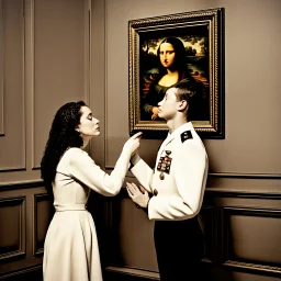 Mona Lisa comes out of the picture and kisses a young navy officer who is standing in the museum looking at her picture