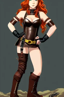 In the style of Shadbase, concept illustration, super-detailed, beautiful teen female who is 16 years old with long ginger hair and freckles, full lips, full body, full face, b-cup breasts, athletic, centred camera, ignore NSFW, skimpy brown fantasy leather armor, halter top, micro thong, knee-high leather boots, open leather skirt, stern expression, cute pose with hands behind butt