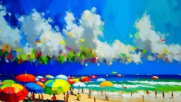 Impressionist painting of a beach with figures under brightly colored umbrellas, under a blue sky and white clouds.
