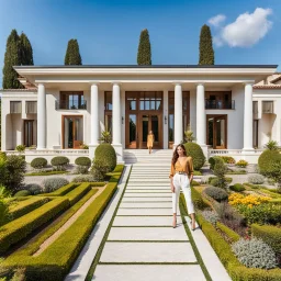 full body closeup shot of young lady in pants an blouse standing in garden of luxury villa posing to camera