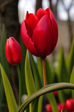 A large red tulip with several branches of a small red tulip