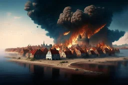 Dutch island city with walls blown up on fire in the distance