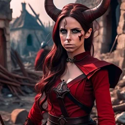 a beautiful tiefling woman with a kind face and dark hair in a sleeveless battle outfit, amidst the ruins of a medieval town destroyed by war, photo quality, the whole scene in dark red colors