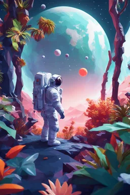 (((close midshot))), (((low poly art:2))), (astronaut), ultra detailed illustration of an environment on a dangerous:1.2 exotic planet with plants and wild (animals:1.5), (vast open world), astroneer inspired, highest quality, no lines, no outlines candid photography. by Lekrot