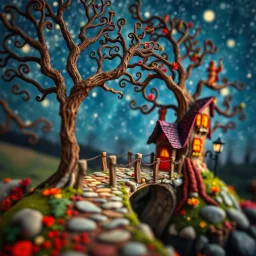 Photograph hasselblad h6d400c --ar 85:128 --v 6.0 of a fairy old bridge, tree, old bewitched house, made of felt, art, 3d deep field, light tiltshift, wide angle landscape scene, galaxies, creepy, Joan Miró, Max Ernst, needlepoint, abstract silhoutte, expressionist style, colorful holiday