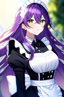 girl, masterpiece, best quality, cinematic lighting, detailed outfit, vibrant colors, perfect eyes, green eyes, long hair, purple hair, messy hair, hair between eyes, depth of field, ray tracing, maid,