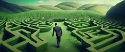 A Syrian man lost in a maze made out of bureaucratic documents. London and the green bountiful hills of England are at the end of the maze, very distant and far away.