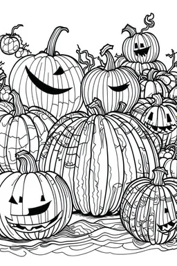 A spooky pumpkin patch with Jack-o'-lanterns of different sizes and expressions.. Outline, sketch style, only use outline, mandala style, clean line art, white background, no shadows, no clear wall, coloring page.