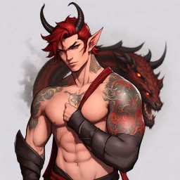 A Young Adult Male. A unique blend of Wood Elf and Red Tiefling features. His handsome face contrasts with the Yakuza dragon tattoos that completly cover his back, arms, and legs. He is wearing a torn coat. A physique that is strong and well-built, resembling a Fighter.