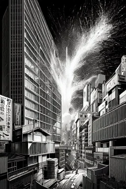 multiple explosions, buildings of Tokyo greyscale