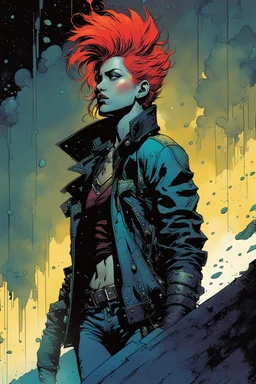 create a hardened, punk biker girl in the comic book art style of Mike Mignola, Bill Sienkiewicz and Jean Giraud Moebius, , highly detailed,, grainy, gritty textures, , dramatic natural lighting