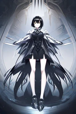 Anime girl with short black hair and sharp green eyes, holding a pike, full body black and white metal plate armour, Dramatic lighting,1woman, standing pose, close shot, lean body,