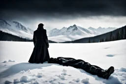 in the distance side a wiev a figure in dark clothes and long black leather coat lies on his back in the snow and looks the sky in a winter landscape, alone, white snow, high contrast, cold, winter, mountains, white, blue, gray and black colors, cinematic, atmospheric, dark, gloomy, thriller vibe, crepy stunning