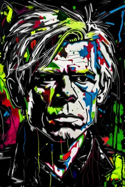 An abstract portrait of Andy Warhol, painted by Jean michel basquiat, oil and acrylic painting on canvas, close-up, bizarre, caricature, whimsical, bold brush strokes, oil stick, (white crayon outlines), (black grunge background), colourful, graphic marker pen, (neo-expressionism),rich colour palette, quirky, expressive lines, graffiti street art, cgsociety, detailed, impasto, acrylic paint splatter, focused, abstract art, vivid