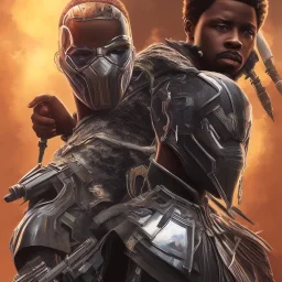 Nigeria artist Fireboy as kilmonger in black panther, realistic,rust of war, futuristic, heroic