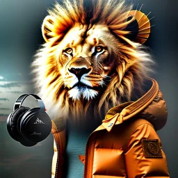 Lion toddler, smile, steampunk headphone, sunglass, gangsta neckless, full body, orange puffer jacket, tokio background, dramatic lighting, hyper realistic, unreal engine 5, 16k