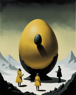 The image is a surreal and conceptual artwork featuring three human figures interacting with a large, dark, egg-shaped object in the center. The object is studded with smaller figures that seem to be climbing it, and one figure is positioned at the top, as if having reached the summit. One of the three larger figures, a woman in a yellow coat, is standing to the left, holding a chain that's attached to the object, possibly signifying control or stabilization. Another figure, a man in a dark suit