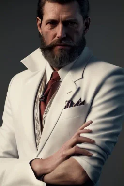 8K, a Highly detailed stunning portrait of Dom man with a a sexy lover, white suit, beard, and short hair, bad boy