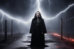 a chilling scene unfolded with scary giant mascot puppets and undead slime teddy bear mascots. Marilyn Monroe dressed in a black nun costume with 70s hair, stood amidst bolts of electric arcs and glitter in the air with lightning crackling around her. The surreal mix of horror and beauty captured on film created a haunting fear and fascination, a line of nightmare.