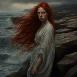 Gorgeous fine laced-drapped beautiful forlorn woman with red hair, hyper-realistic eyes her body looking out to sea with her arms covering her upper body, her iridescent body shimmering in the low rainy light sky hyper-realistic portrayal, long flowing hair cascading elegantly, walking amongst the rugged rocks and waves crashing dramatically against her boy hyper-detailed oil on canvas, reminiscent of old Masters' style, wallpaper and poster art, highly intricate photography, rich colors of, sof