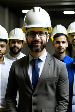 An engineer wearing a helmet stands with a group of engineers