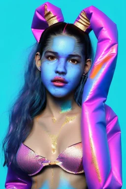 Ultra Realistic image, Rosalía artist, portrait, normal complexion, waist up portrait, long black eye line, sweet face, t-shirt with holes, inflatable open coat, gold pink and blue style, spray glow make up, geometric led jewelry, fog, hot, inflatable style latex coat, vibrant color, highly detailed, art stations, concept art, smooth, unreal engine 5, god rays, ray tracing, RTX, lumen lighting, ultra detail, volumetric lighting, 3d, finely drawn, high definition, high resolution.