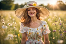 canon photo from a young woman, elegantly adorned in a summer hat and a summer dress stands in the center of a vast field. Her perfect face happy, a gentle smile playing on her lips as she feels the warm embrace of the sunshine and the tender kiss of a soft summer breeze. The meadow is a canvas of harmony with a dazzling array of wildflowers that dance and sway in the little wind. The blue sky and sunshine, high reality, detalied, photoreal, stunning