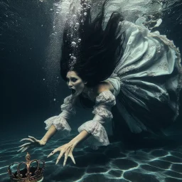 captivating and surreal underwater scene featuring a woman dressed in an elegant royal gown. Her long dark hair stands freely on end suspended in the water, and she is seen diving desperately her lips pursed as air bubbles furiously pour from her mouth rising to the surface. She reaches down towards a small, austere crown lying tantalizingly out of reach on the sea floor, surrounded by eerie bones covered by silt. The dramatic matte oil painting visuals evoke a macabre atmosphere, capturing the