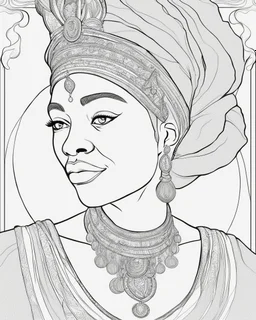 Outline art for coloring pages with queen Nzinga , white background, sketch style, only use black outline, white background, no shadows and well and clear outline , white background, sketch style, only use black outline, white background, no shadows and well and clear outline