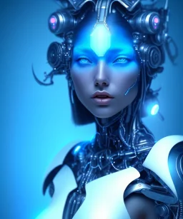 A beautiful portrait of a cute cyborg woman blue color scheme, high key lighting, volumetric light high details with white stripes and feathers and indian paterns and wimgs