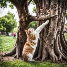 Photograph of a cat being a tree, asking a person who is eating a dog if there are people like him somewhere, by Minicavio Quollati