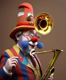 happy and funny old friendly clown with round head and trimmed beard playing jazz with a steampunk theme, trumpet on mouth, carnival, dreamy