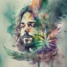 Create a composite that captures the initial allure and impact of trying hash or weed, emphasizing the emotions and sensations you felt watercolour style