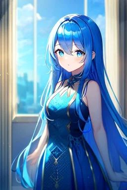 girl, masterpiece, best quality, cinematic lighting, detailed outfit, vibrant colors, perfect eyes, blue hair, blue eyes, long hair, shy, indoors,