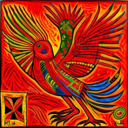 A red fire elemental tiger phoenix designed in Kuna Molas painted by Paul Klee