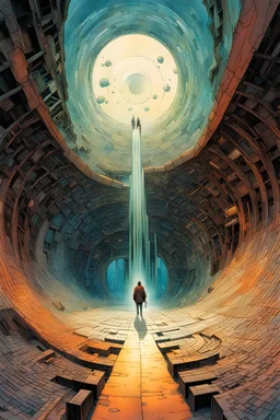 a surreal portrait of the inner workings of a disturbed mind as a ruined, twisted, nightmarish labyrinth of seething pain , Tracy Adams , Gabriel Pacheco , Douglas Smith , Bill Sienkiewicz, and Jean Giraud Moebius , muted natural color, sharp focus, ethereal and filled with wonder