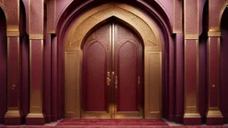 Hyper Realistic Photographic-View Of A Fancy Door Of A Maroon-Mosque-Door-with-beautifully-detailed-golden-Islamic-Architctural-design showing dramatic & cinematic ambiance.