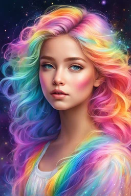 Adorable digital painting style. Pastel hues adorn her every trace, A rainbow girl with a shimmering embrace, Her eyes, glistening with dreams and grace, A vision of magic, lighting up any space. highly detailed, colored ink, 4k, high quality, correct face structure, correct anatomy