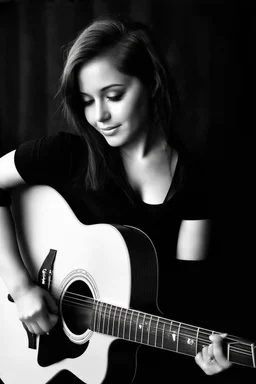 beautiful woman playing acoustic guitar in mid west blck and white old photto