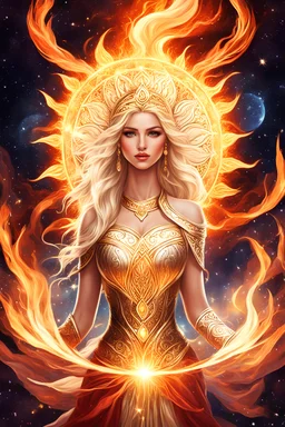 Богиня-Солнца звездная свет женщина ,блондинка красивые любовь космос в древних одеждах пламя огненные пламена