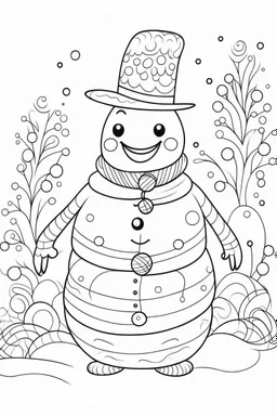 A jolly snowman with a carrot nose and a top hat, surrounded by a winter wonderland of sparkling snow and twinkling lights, clean line art, white background, well outlined, for kids coloring book.