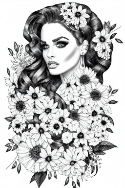 hyper detailed, black and white, thick line, coloring book illustration, lineart, stunningly beautiful woman in flowers