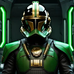 star wars bald male corellian pilot wearing black and bright gasoline green First Order special forces TIE pilot armored flightsuit and helmet with gold trim inside the jedi temple, centered head and shoulders portrait, hyperdetailed, dynamic lighting, hyperdetailed background, 8k resolution, volumetric lighting, light skin, fully symmetric details