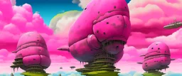 A pink cloudy sky with airships designed in Moai statues painted by Hashimoto Gaho