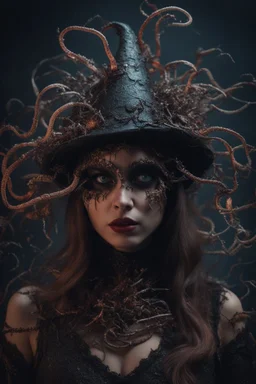 wizard hat Halloween vintage girl, Demon girl, fullbody, creepy, horrifying, sinister, many worms parasite creature connected to the head, sparks around her, sparks cybernetic, intricate, 8k, macro photography,