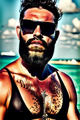 Artistic photo in the audacius style of Jill Greenberg, of man with a luxurious and striking style, abundance of jewelry, oversized square one-piece sunglasses, neat black beard, prints, extravagant, barroque scene , impasto style with thick texture