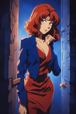 Create an intense, evocative portrait of the thief Mine Fujiko of Lupin 3 a woman in the Japanese retro anime style of the 90s and 00s. The scene features a red haired female bathed in deep blue light, leaning against a wall with her arms raised, brown eyes in a moment of raw emotion. Her attire is minimal, accentuating the curves of her body and the dramatic shadows cast by the lighting. The background is stark, with sharp contrasts highlighting the contours of her form. The blue and black pale