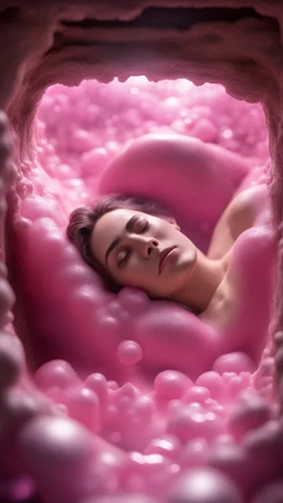 full body portrait of soap star sleeping in a sarcophagus filled with transparent pink liquid inside mine shaft,bokeh like f/0.8, tilt-shift lens 8k, high detail, smooth render, down-light, unreal engine, prize winning