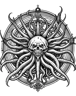 una stella a 12 facce con la testa di serpente come punte, ogni serpente ha un'espressione diversa. come la statua greca di Medusa. un disegno nero nello stile di Gustav Dore. su uno sfondo bianco